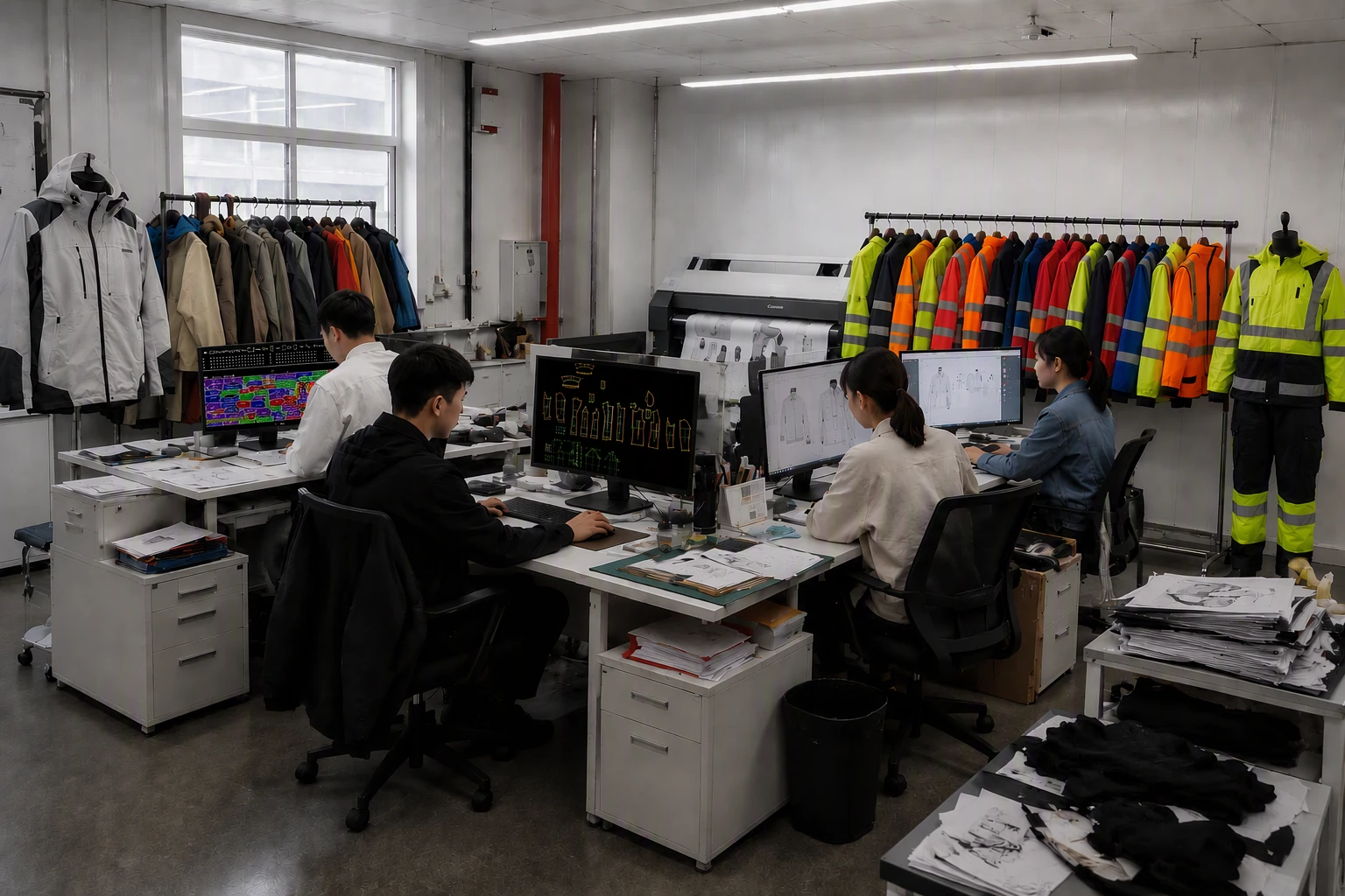 Chinese apparel design team reviewing a technical jacket and pattern pieces